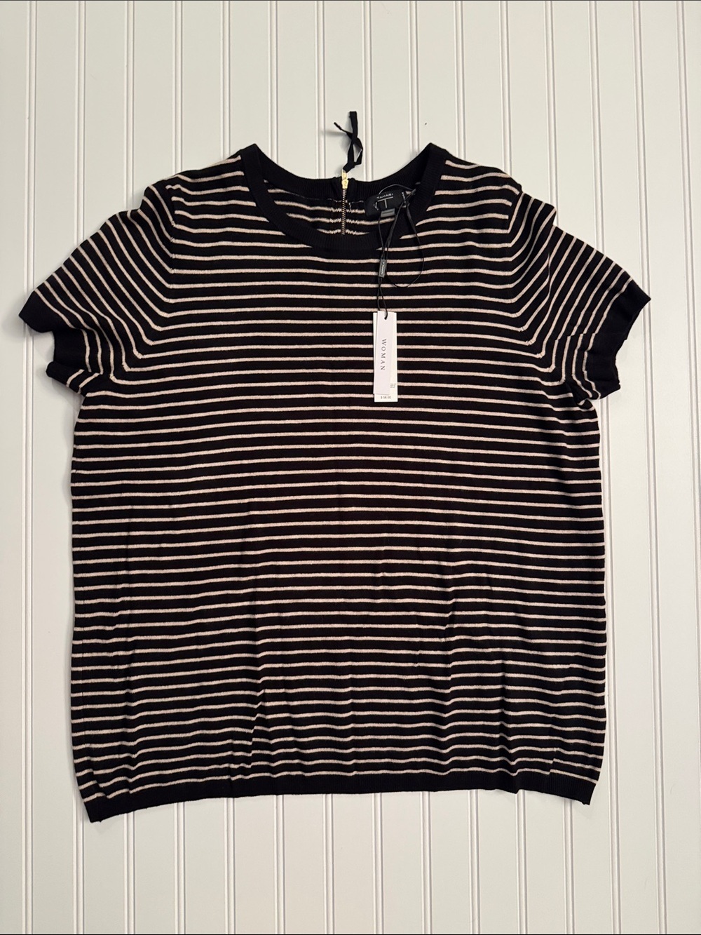 NWT Tahari Black & Tan Striped Short Sleeve Sweater Knit Top 1X